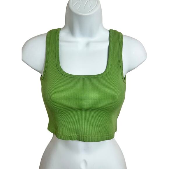 Green Ribbed Crop Tank Top Sz M Fitted Stretch Casual Blouse Cotton Blend - Picture 4 of 6
